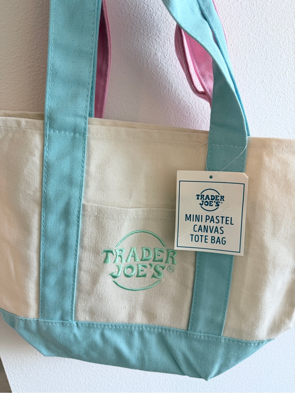 Mini Pastel Canvas Tote Bag in Cream and Aqua with Pink Handles